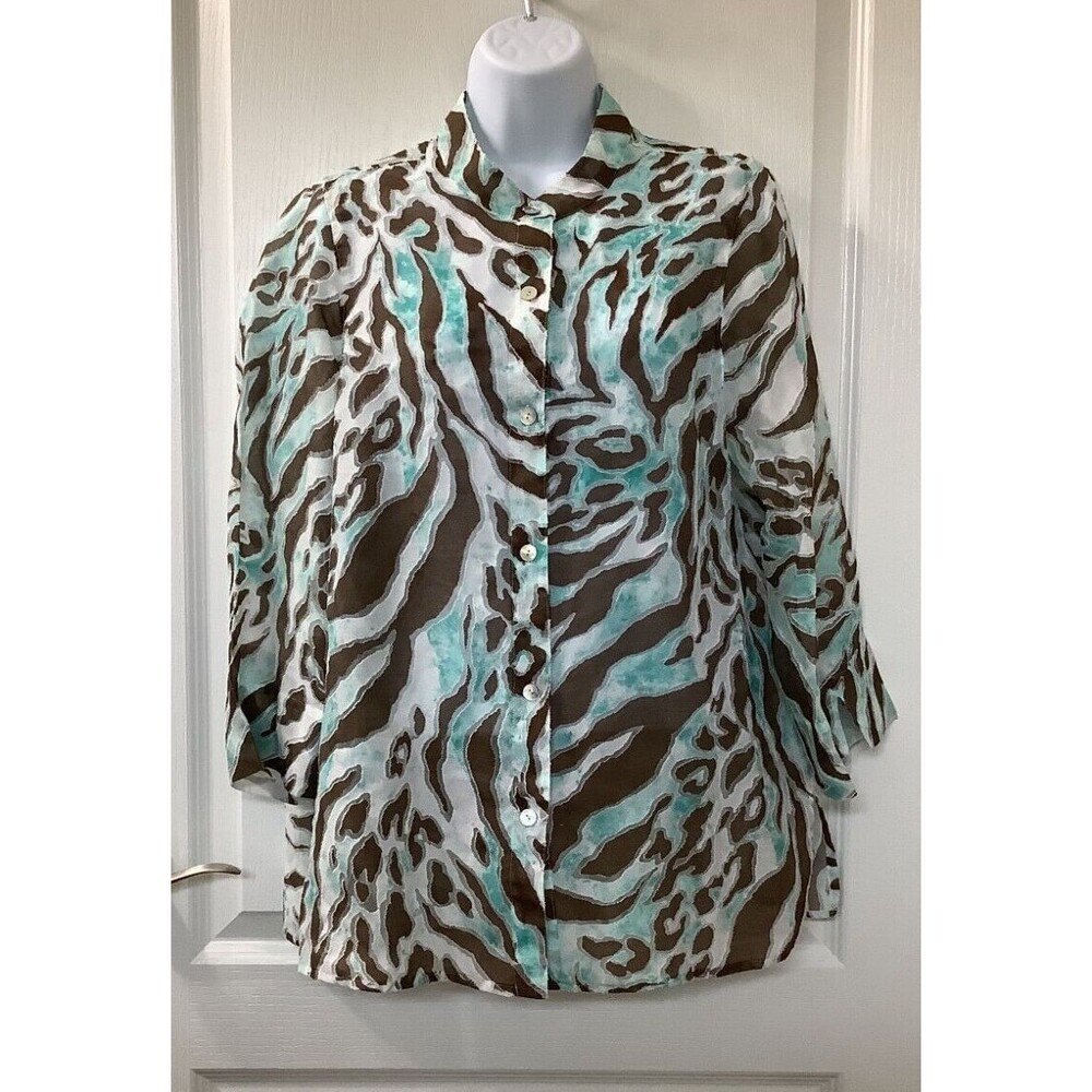 Alfred Dunner Womens 14 Blouse Burn Out Zebra Print Aqua Brown